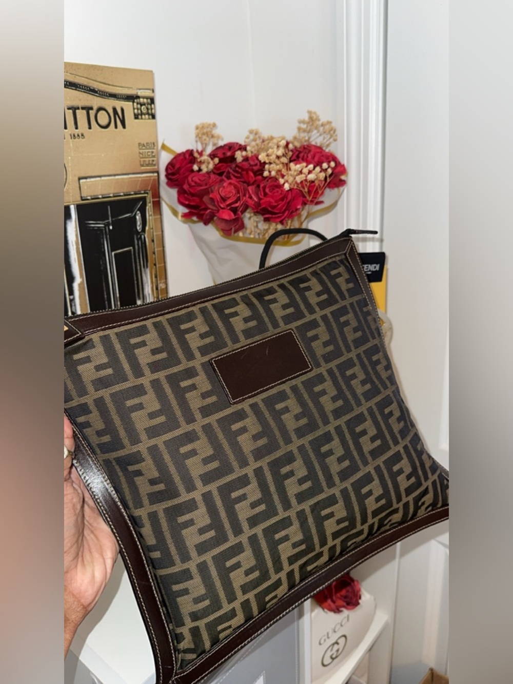 Fendi Brown FF Logo Canvas clutch bag